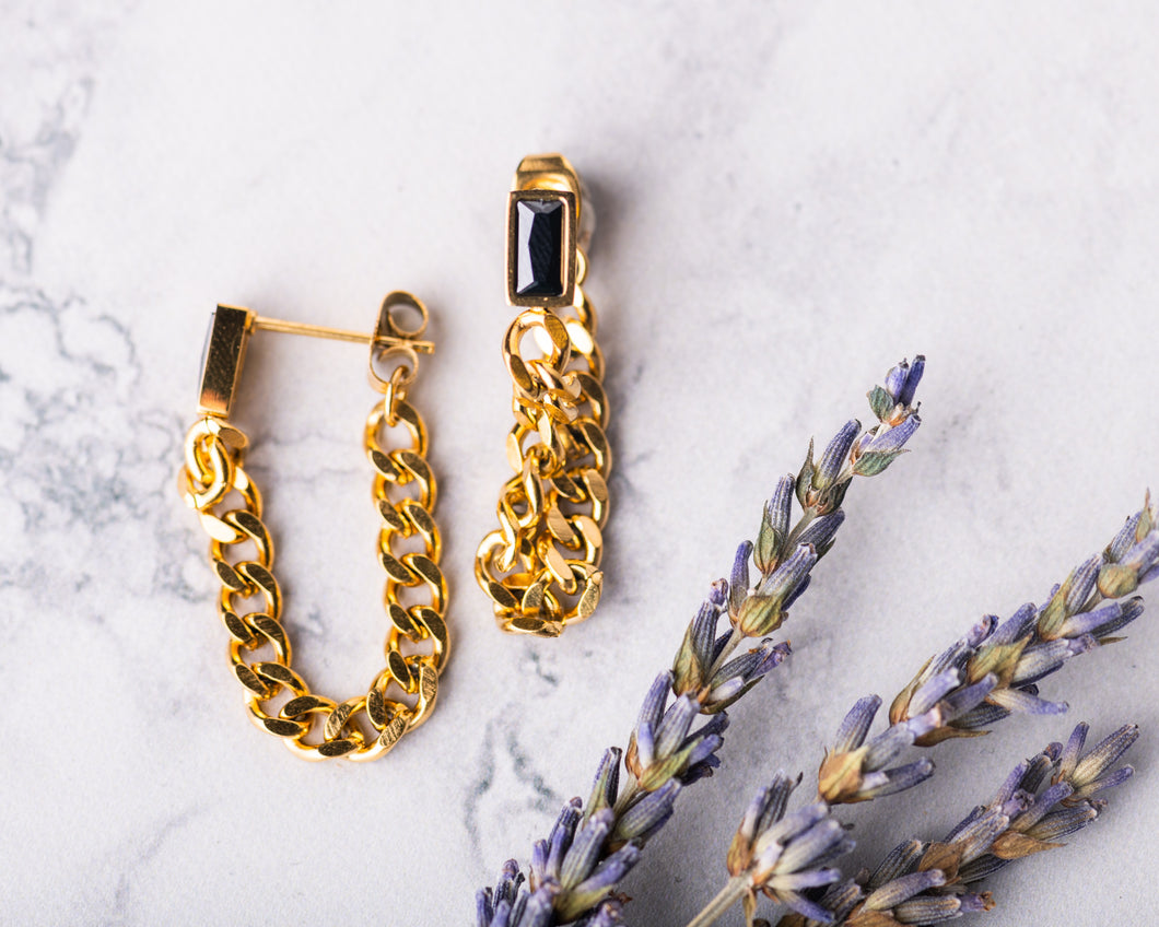 Black Rectangle Drop Chain Earrings